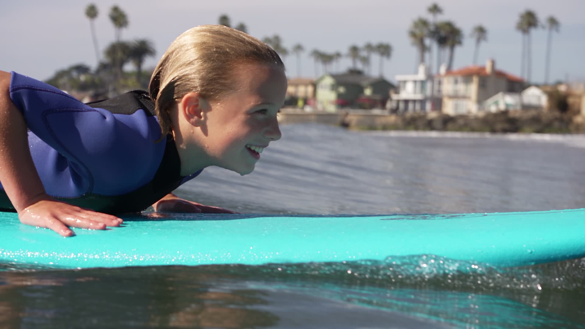 AI illustration of a blonde surfer on a blue soft-top board